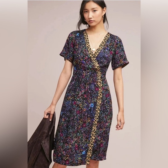 Maeve Anthropologie boho cheetah dark floral patch midi wrap dress Leopard 8 P - Picture 1 of 10